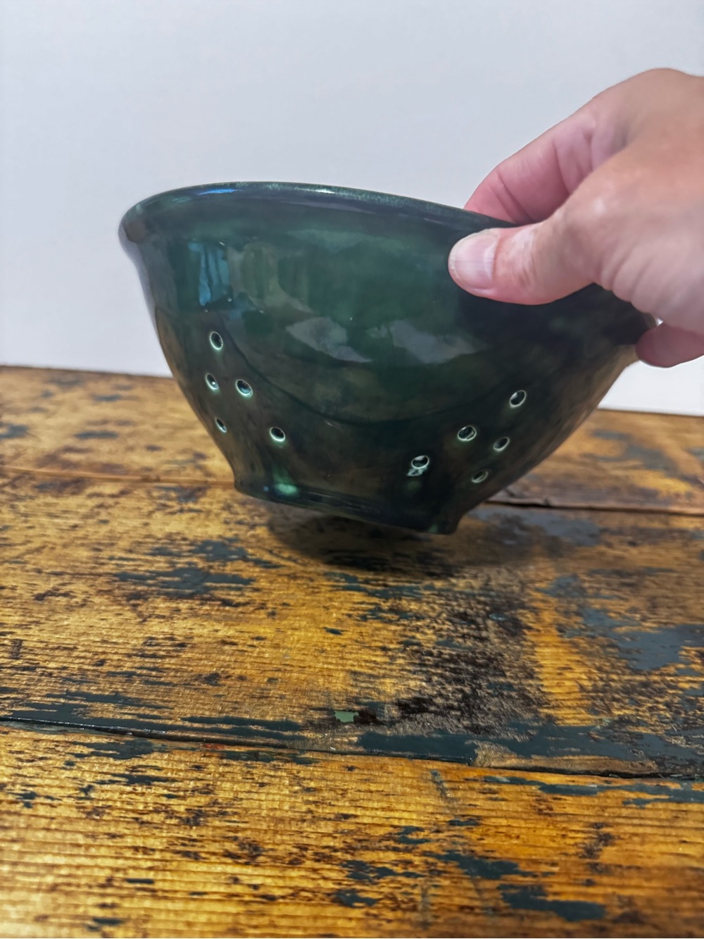 Handmade Green Ceramic Berry Colander - Artful Kitchen Decor